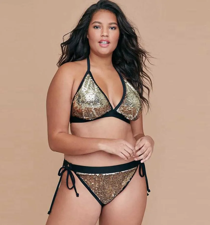 Badpak Grote maat Gouden Pailletten Glitter Push Up Badpak Vintage Driehoek Top en Zijband Badmode Sexy Cheeky Bottom Bandage Biki6997880