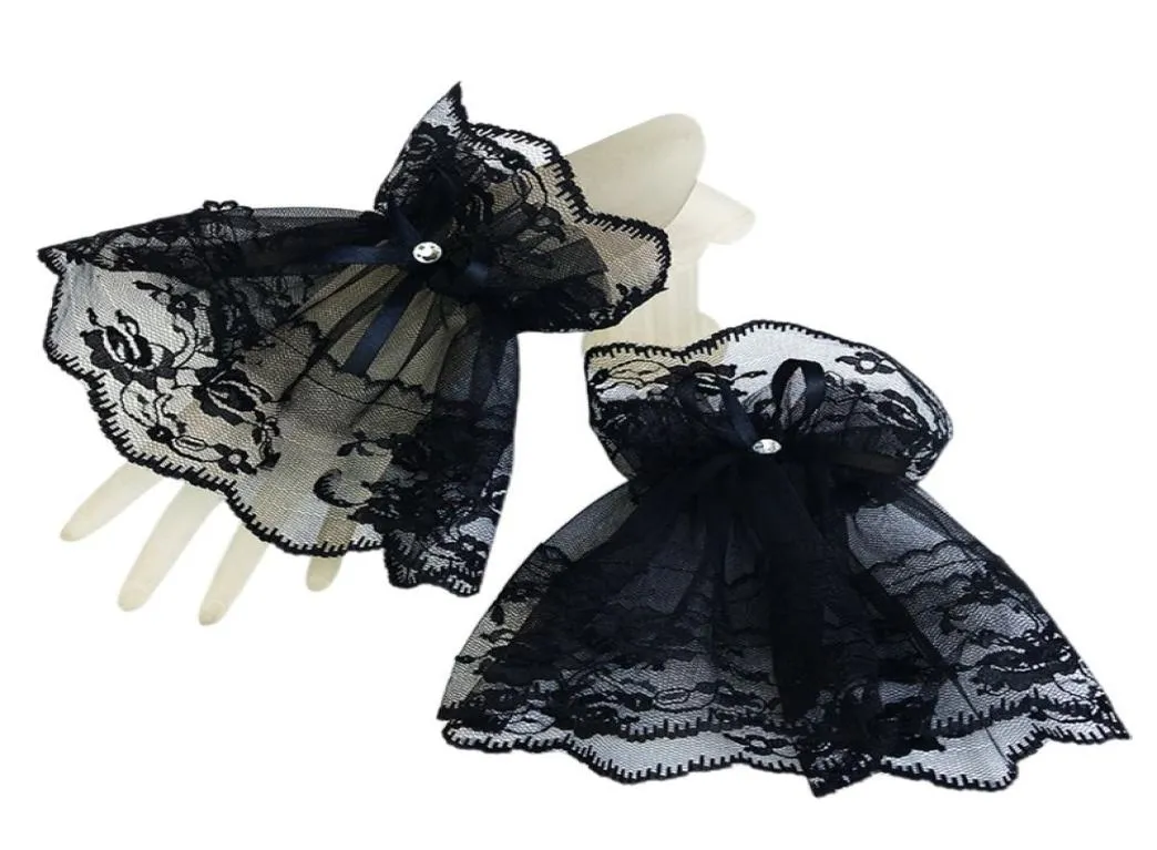 Bracelets de manchette en dentelle noire pour femmes, gants sans doigts avec nœud en strass, de mariage, 3176620