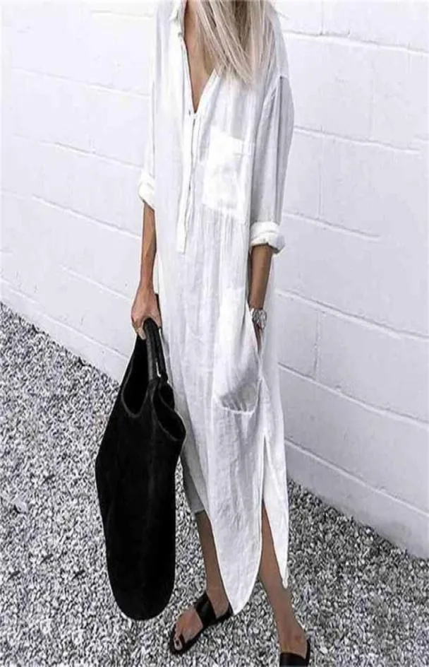Vestido de verão para mulheres linho maxi camisa vestidos senhoras elegante casual vestidos feminino túnica plus size 5xl vestido longo branco 2107158070981