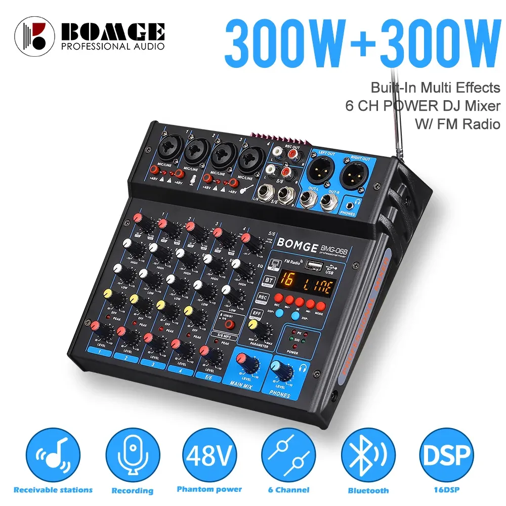 Förstärkare BOMGE 6 Channel Power Karaoke Stereo Amplifier Audio Mixer Sound Interface Mixing Console 600W Bluetooth USB MP3 FM Radio Home