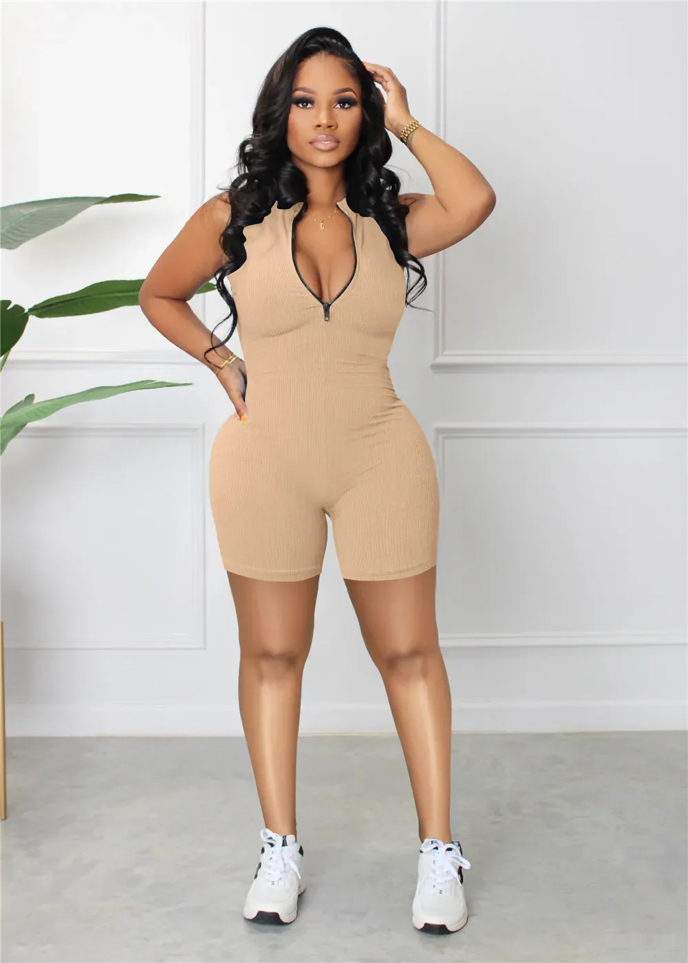 2024 Designer Ribbed Rompers Summer Women Sleeveless Jumpsuits Casual Solid Zipper Bodycon Playsuits One Piece Overalls Bulk Items Wholesale Clothes 9415