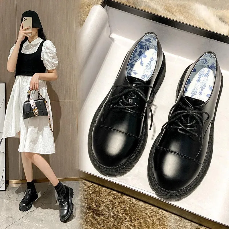 Casual Shoes Creepers Print Small Leather for Women Plysch Flats Chunky Heels Derbies Platform Woman College Lace Up Loafers 34-43