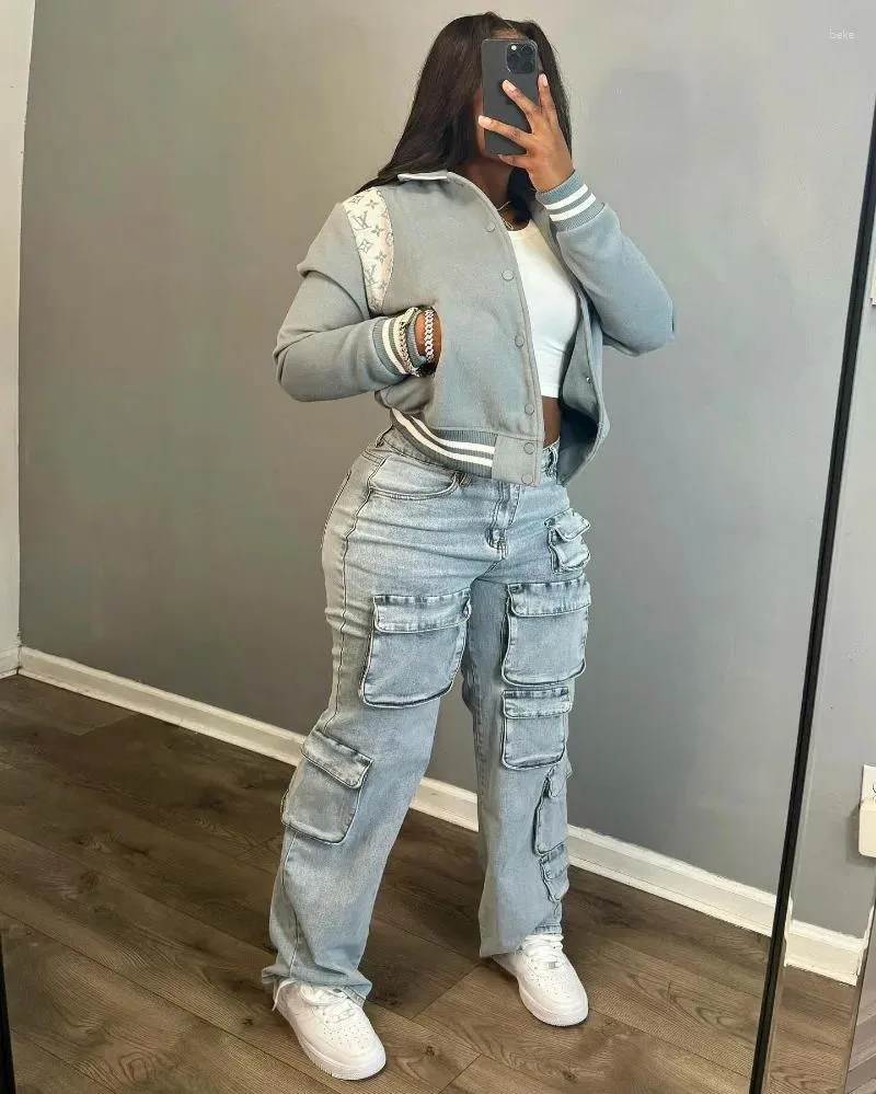 Pantalons pour femmes Femmes Mode Denim Cargo Multi 3D Poches Bouton Taille Haute Jeans Occasionnels Pantalon Droit Tout Match Streetwear