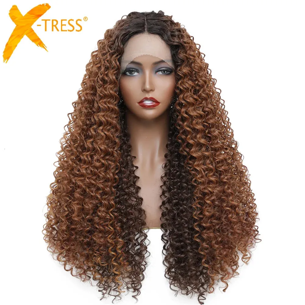 Ombre brun syntetisk spetsfront peruk för svarta kvinnor kinky curly långa mellersta del hår peruker x-tress naturlig daglig användning frisyr 240226