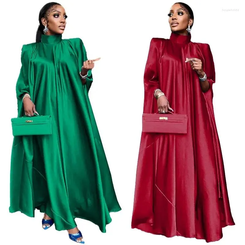 Ethnic Clothing Muslim Lady Elegant Satin Dress High-neck Loose Swing Abayas Islamic Fashion Robe Modest Long Women African Maxi Jalabiya