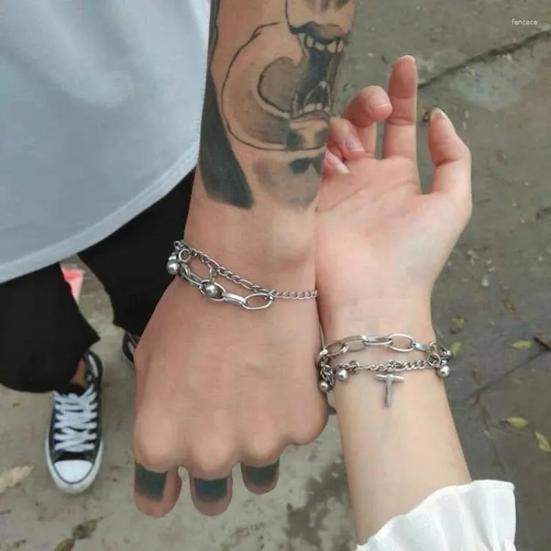 Link pulseiras punk titânio aço cruz pulseira homem e mulher casal não desbota multi-camada costura corrente hip-hop acessórios