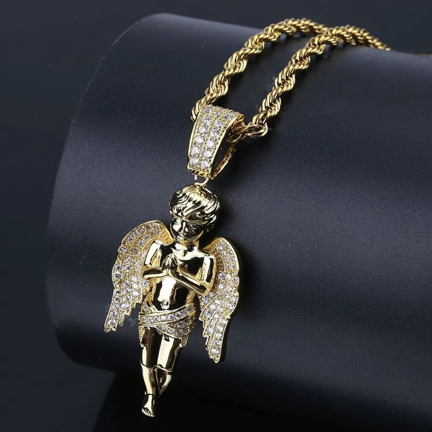 Nytt 18K Gold Plated Cz Cubic Zirconia Hands Folded Angel Pendant Chain Halsband Hip Hop Rock Punk Rapper Jewelry for Men and Women294R