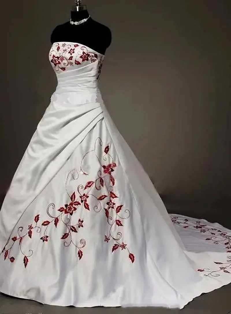 2024 Embroidery Satin A‑Line Wedding Dress – White & Dark Red Strapless Bridal Gown, Lace‑Up Back – 15% OFF