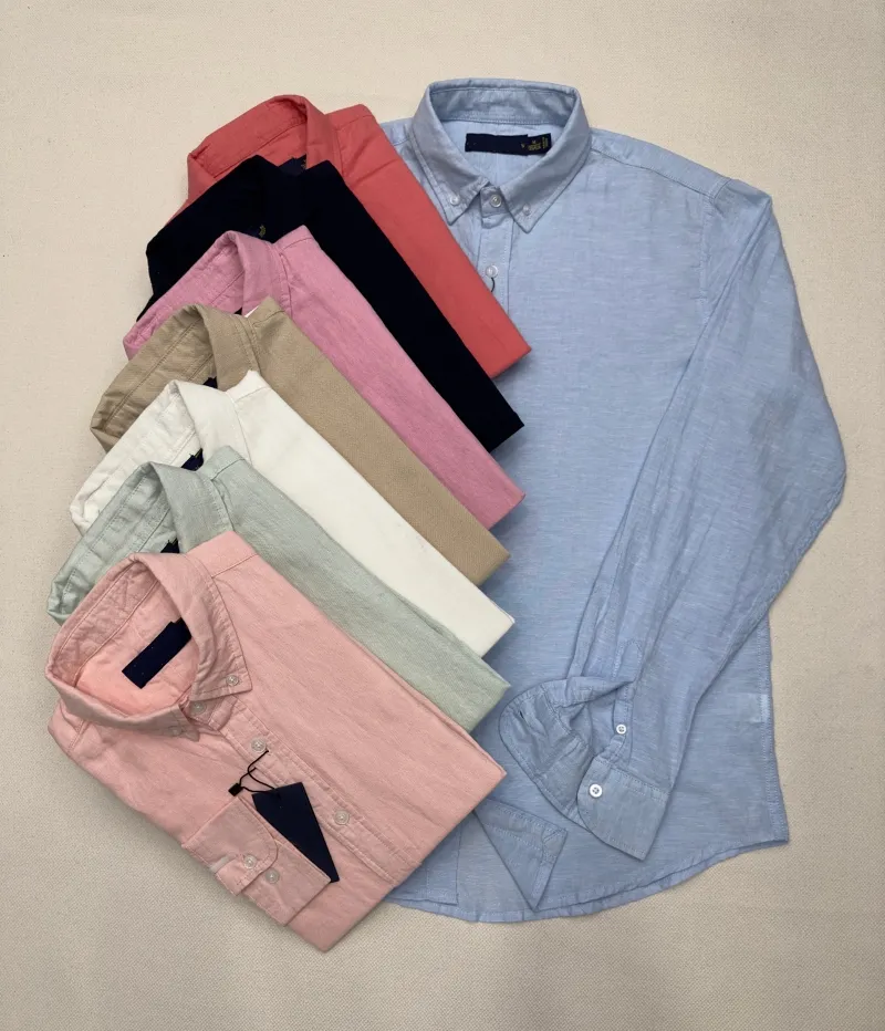 2024 Camicie da uomo Top RL Camicetta ricamata in lino di qualità piccolo cavallo Manica lunga Tinta unita Slim Fit Abbigliamento casual da lavoro Camicia a maniche lunghe in più colori Top