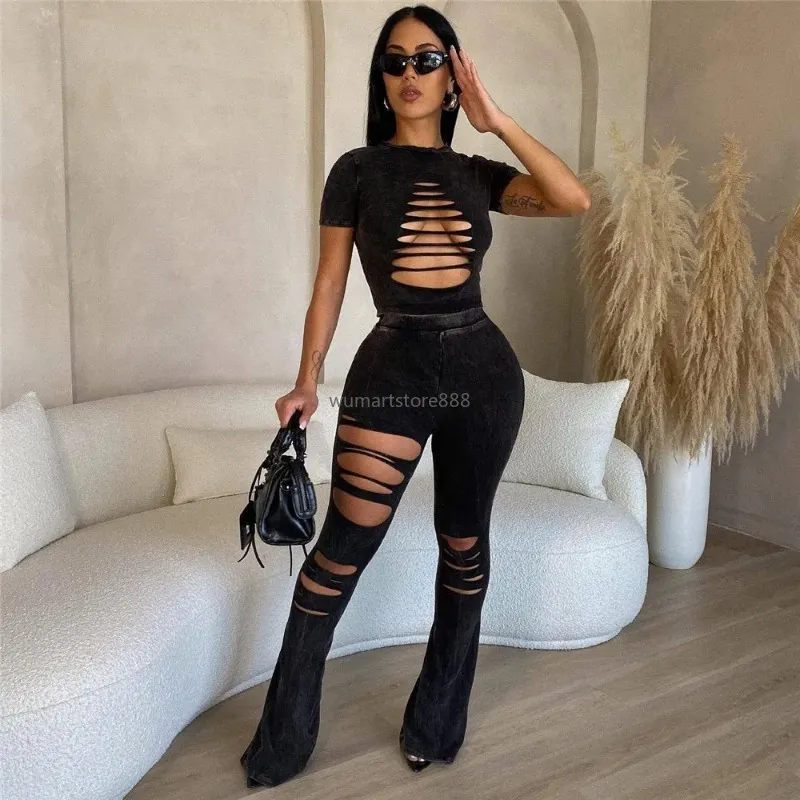 Women s 2 Piece Summer Ripped Tracksuit Set Short Sleeve T Shirt and Pants Matching Set Casual Holes Sportswear Wholesale Clothes