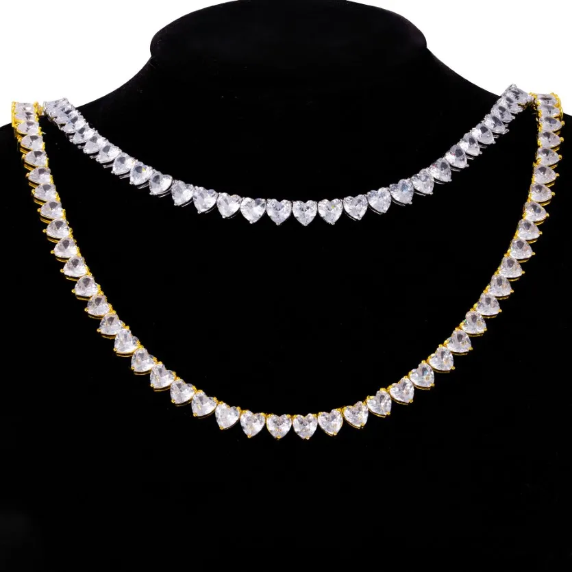7mm 16-24inch Gold Plated Bling CZ Heart Tennis Chain Necklaces for Men Women Chain Fashion Jewelry215t