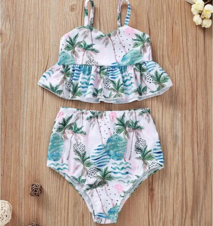 Girl Beach Suspender Belt Sleeveless Coconut Palm Print Swim Suit Set Baby VNeck Floral Print Swimwear Suit Two Pieces Kids Summe4621737