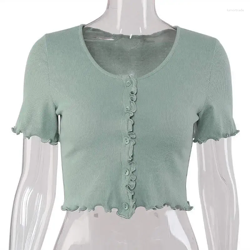 Женские футболки, лето 2024, сексуальный жилет на пуговицах, вязаный корейский укороченный топ в рубчик с короткими рукавами, зеленый, белый, синий, черный