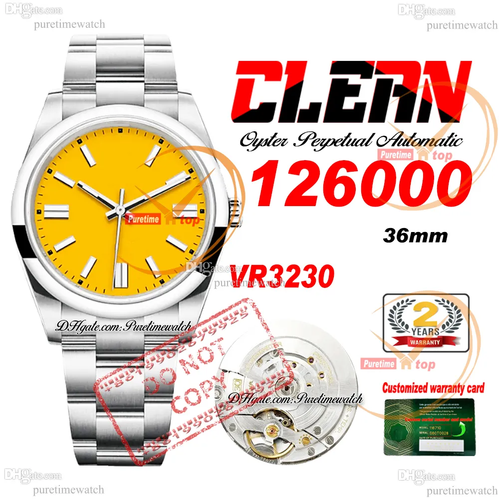 126000 VR3230 Montre automatique unisexe pour hommes et femmes Clean CF 36 mm Cadran jaune Bracelet en acier inoxydable 904L Super édition Carte de la même série Puretimewatch