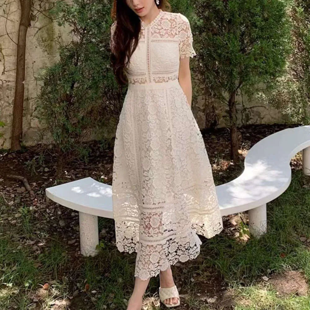 Australian Designer Dress French Women Clothing Beige Long Skirt with Hollowed Out Lace Panels 8