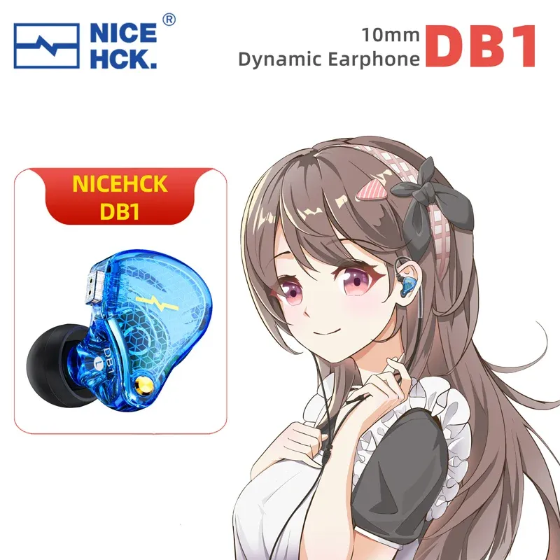 Hörlurar NiceHCK DB1 HIFI -musik i EarPhone IEM 10mm Dynamisk enhet som kör DJ Sport Audiophile Earbud Studio Earplug 2Pin Löstagbar