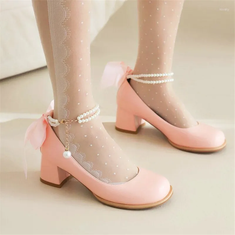 Dress Shoes PXELENA 2024 JK Designer String Beads Riband Women Wedding White Pink Bride Pumps Med Heels Patent Leather Princess Lolita