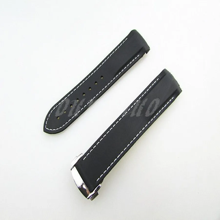 22 mm NEUES Taucher-Gummiband in Schwarz mit weißen Nähten und Faltschließe für Omega Watch256F