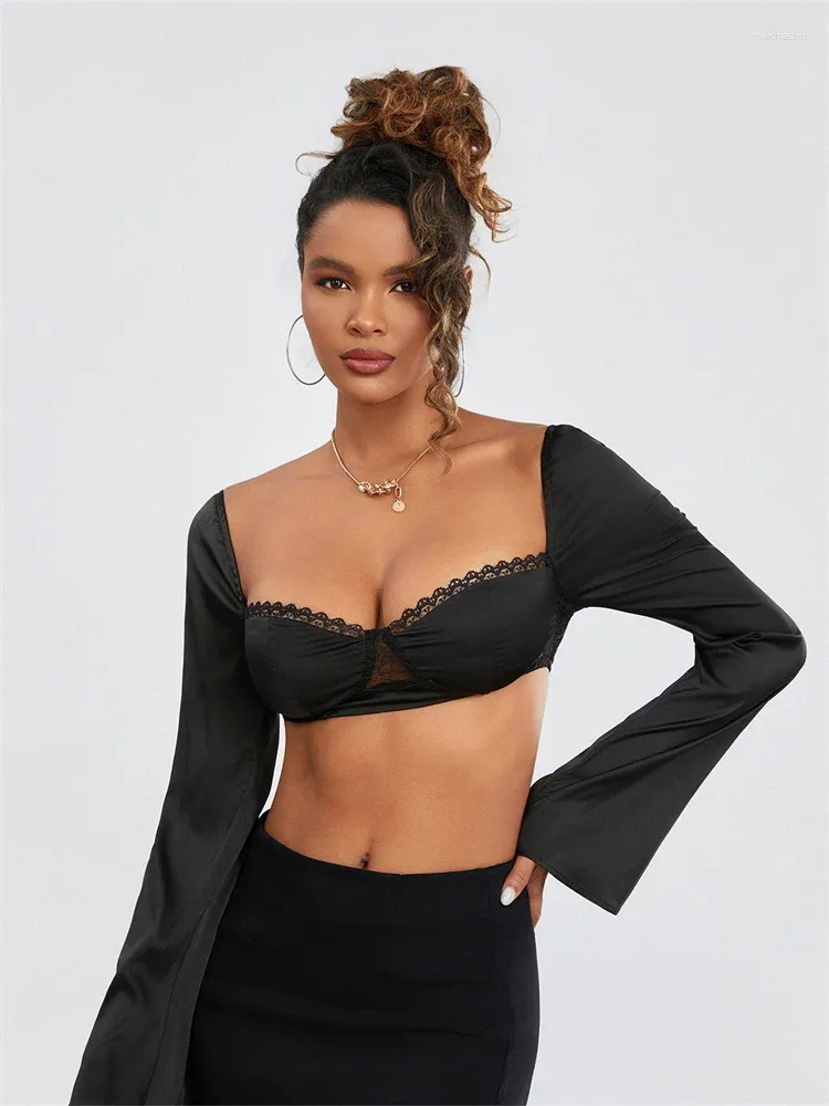 Blouses Femmes Femmes À Manches Longues Blouse Maille Dentelle Garniture Col Carré Corset Crop Tops Tie-Up Dos Nu Sexy Chemises Rétro Printemps Été