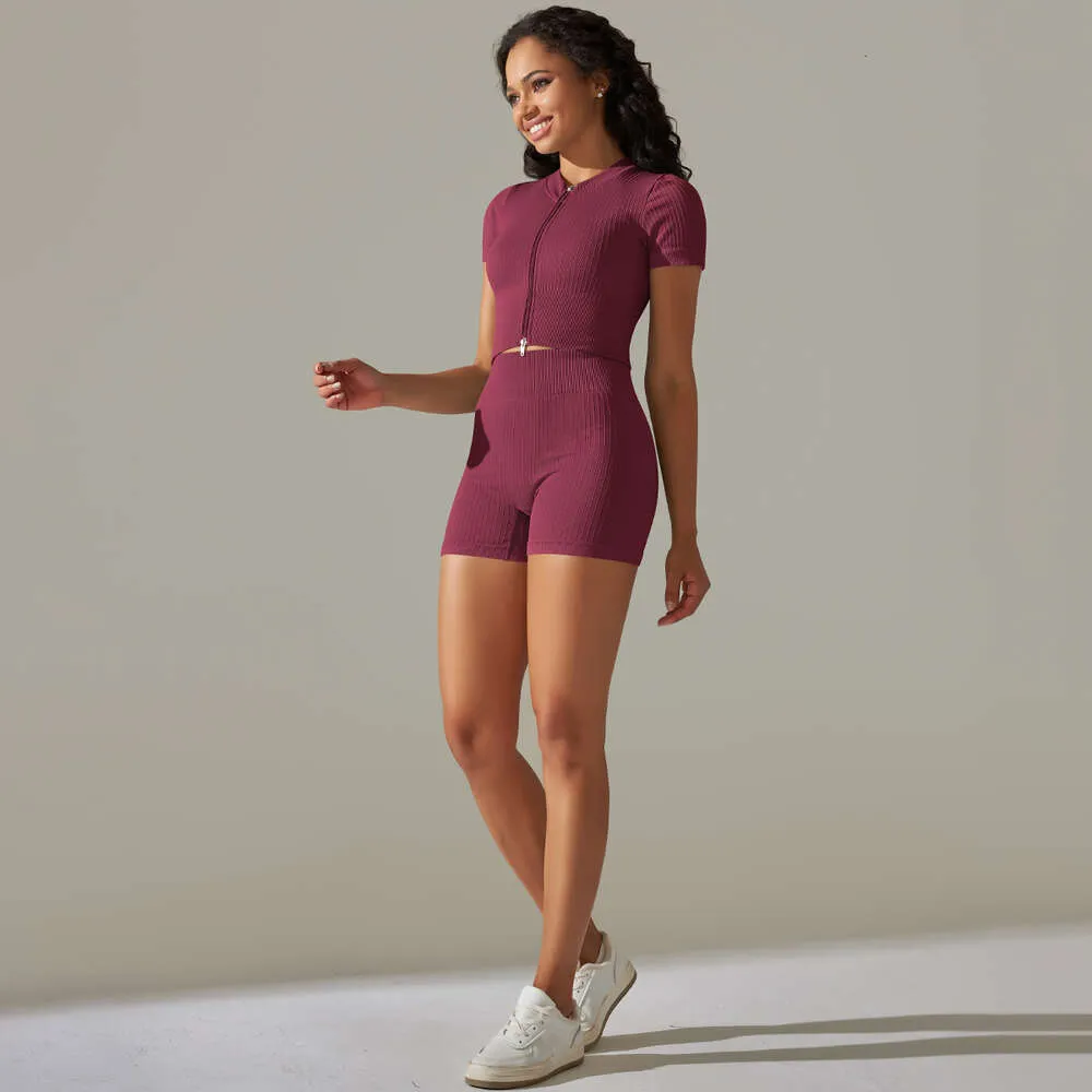 Lu Align Damen-Set, Outfits, Damen-Outfit, Sportbekleidung, nahtlos, kurze Reißverschlüsse, Ärmel, Sport-Oberteile, Anzüge mit Shorts, Fitnessstudio, Fitness, ärmelloser Trainingsanzug, Jogger, Gry Lemon Lady