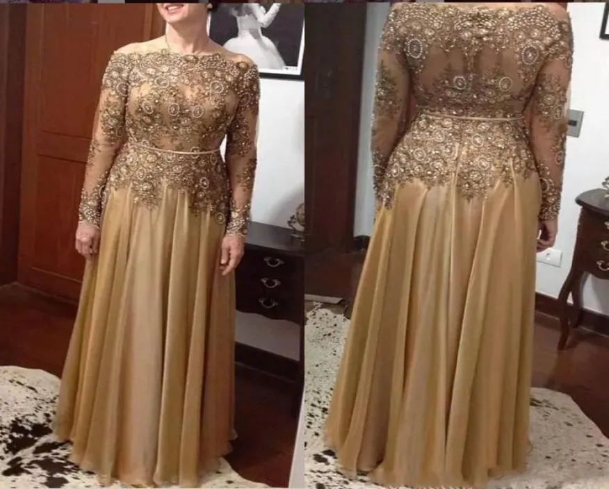 Abiti per la madre della sposa economici con perline modeste maniche lunghe con paillettes Plus Size Abito da cerimonia nuziale in pizzo color oro Lunghezza pavimento da sera7727683