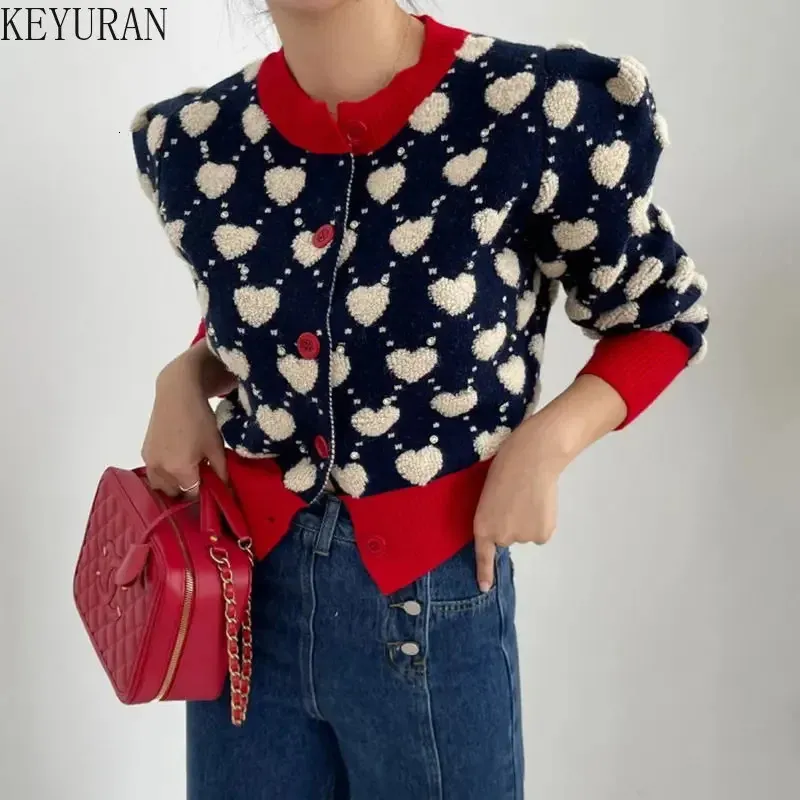 Cardigan lavorato a maglia jacquard amore a contrasto di colore donna autunno inverno coreano dolce sottile manica a sbuffo maglione monopetto 240219