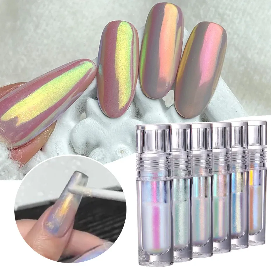 Polvere di cromo liquido a tubo piccolo a 6 colori Aurora Pigmento bianco al chiaro di luna con pennello Lucido Rub Set di glitter per unghie professionale 240301