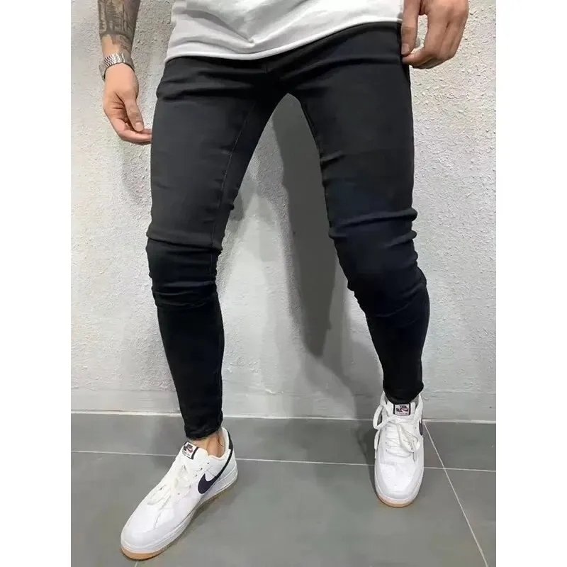 Herren Einfarbig Mode High Street Elastische Enge Kleine Fuß Jeans Hochwertige Casual Vintage Täglich Gestrickte Hosen 240227