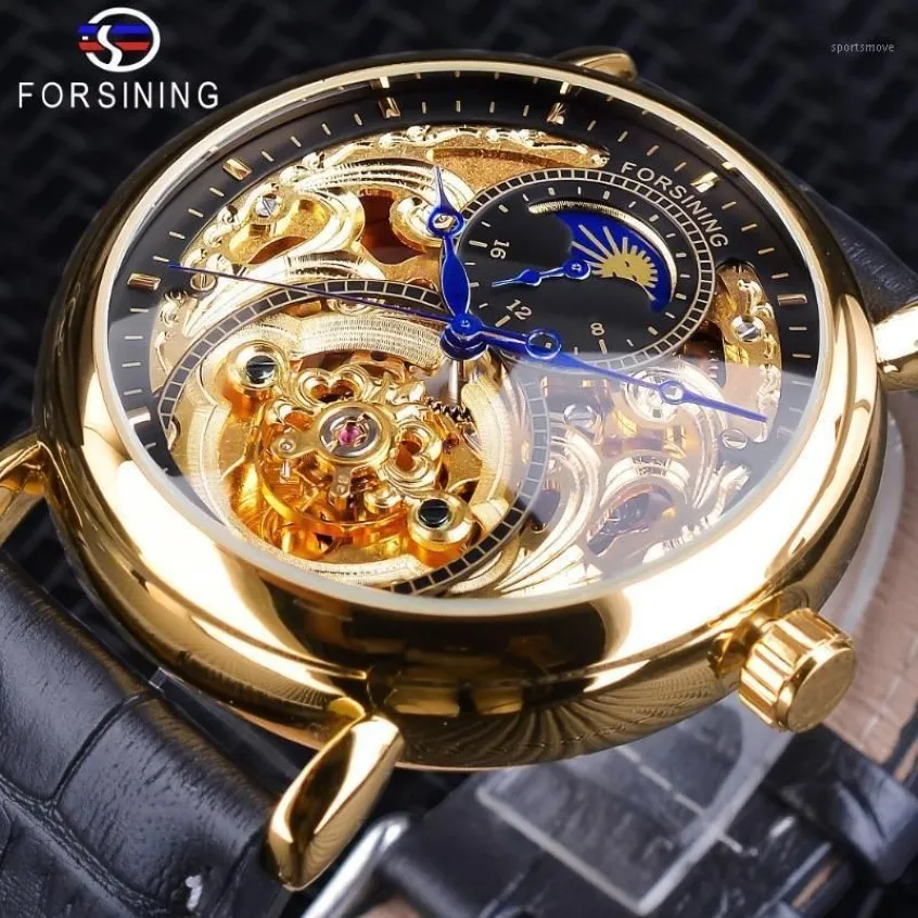 Forsining Goldene Skeleton Uhr Männliche Mondphase Mode Blaue Hände Wasserdicht männer Automatische Uhren Top11910
