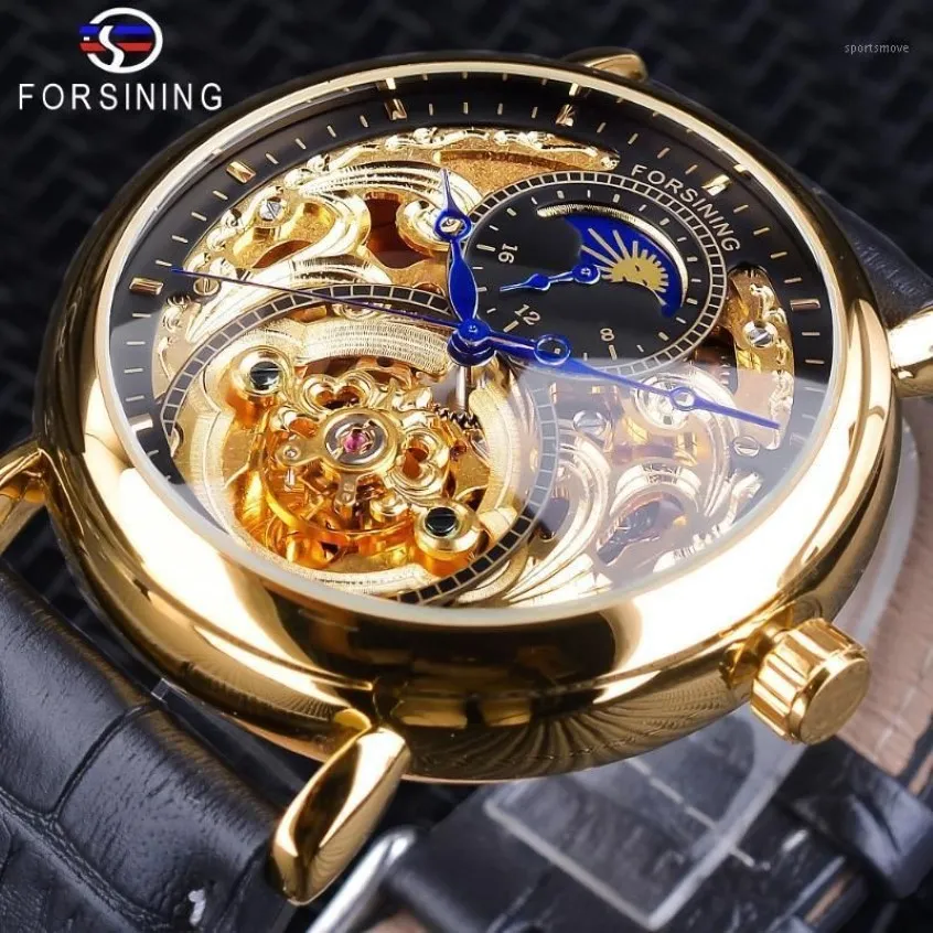 Forsining Orologio scheletro dorato Uomo Fasi lunari Moda Lancette blu Orologi automatici da uomo impermeabili Top11910