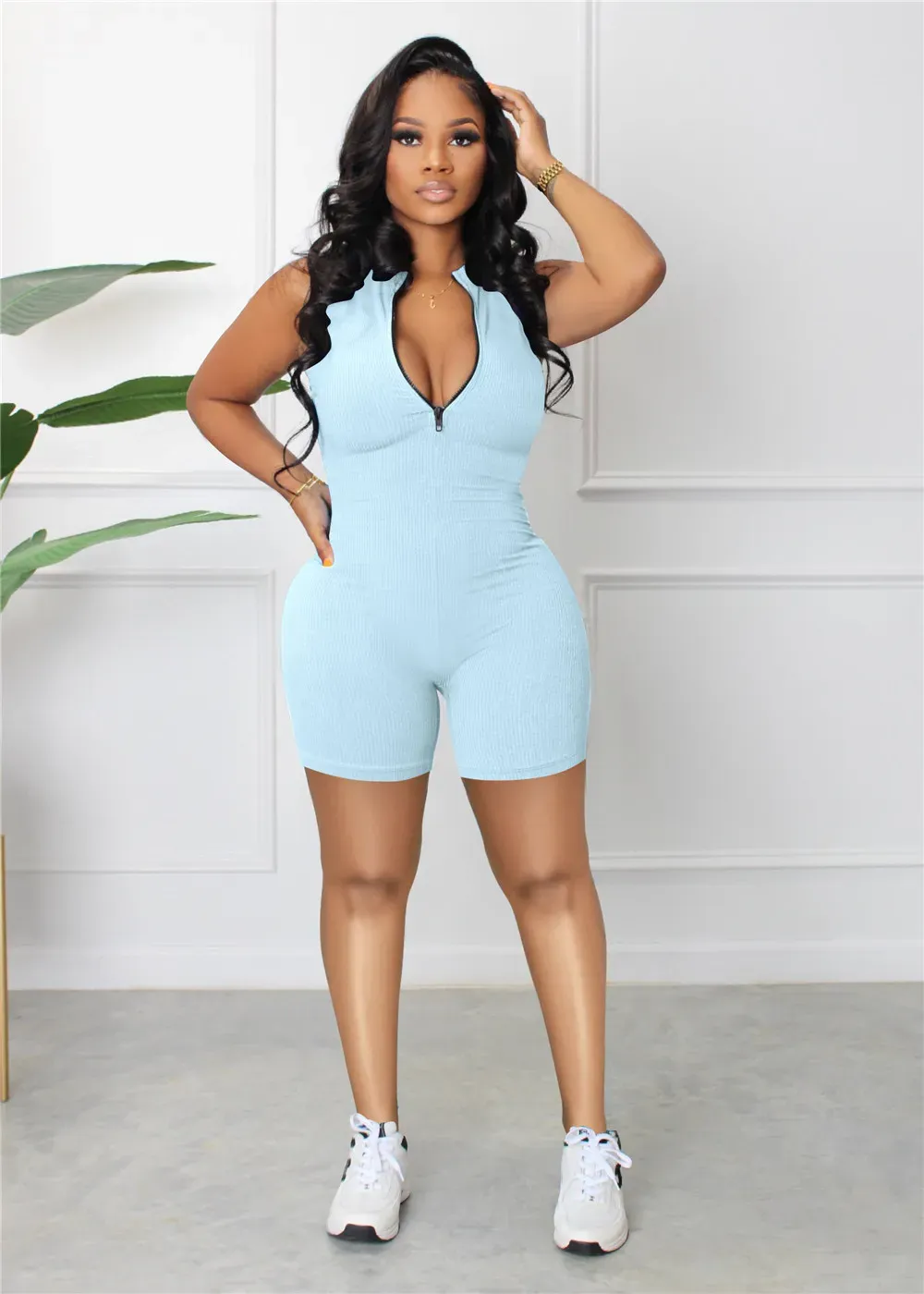 2024 Designer Ribbed Rompers Summer Women Sleeveless Jumpsuits Casual Solid Zipper Bodycon Playsuits One Piece Overalls Bulk Items Wholesale Clothes 9415