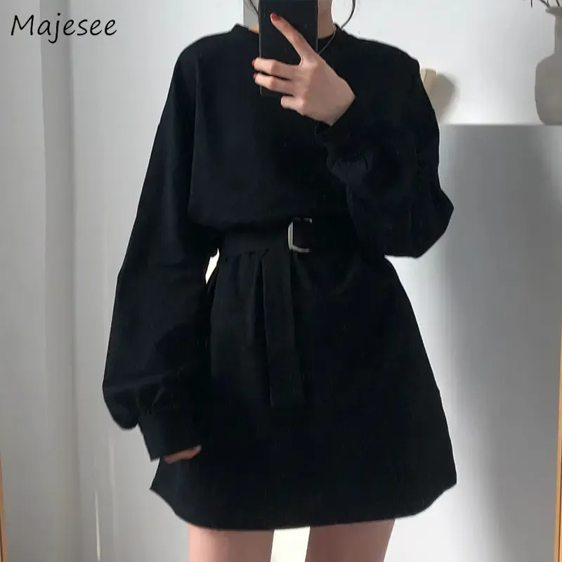 Giyim Uzun Kollu Elbise Kadınlar Sıcak Satış 4xl Siyah Harajuku Bf Kore Stil Sashes Kadın Allmatch Chic Basit Öğrenci Sokak Giyim