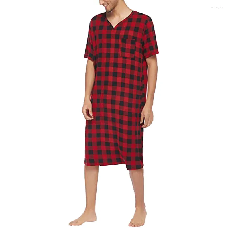 Vêtements de nuit pour hommes Hommes Treillis à manches courtes V Décolleté Chemise de nuit Chemise de nuit Chemise imprimée à carreaux Chemise de nuit Casual Loose Home Wear