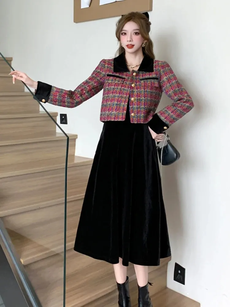 Luxury Tweed Two Piece Set Autumn Women Single-Breasted Lapel Short Jacket Coat Sexy Spaghetti Straps Velvet Midi Dress Suits 240223