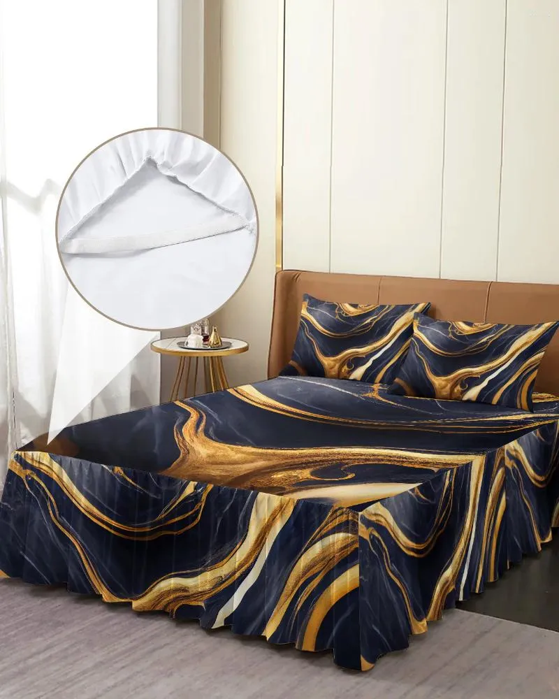 Saia de cama textura de mármore azul elástico colcha com fronhas protetor colchão capa conjunto folha
