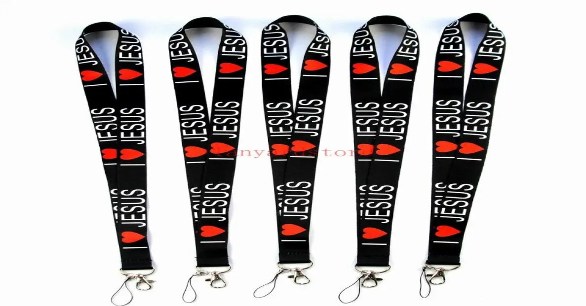 50 stuks I Love JESUS Man Vrouwen ID-houder Jesuslord Christ sleutelhangers mobiele telefoon draagriem Squishy LANYARDS met clip5551000