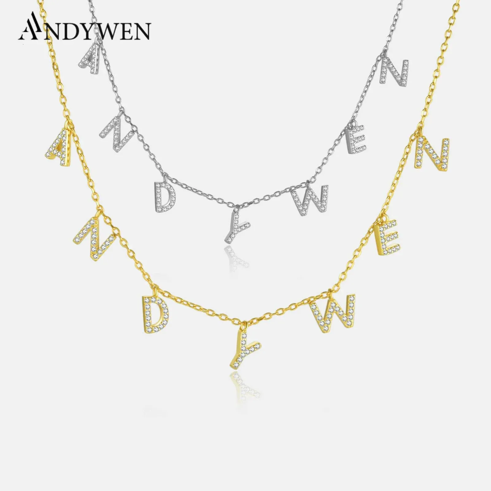 ANDYWEN Collana con ciondolo con nome personalizzato in argento sterling 925 con nome personalizzato Alfahbet Regalo di compleanno Valentiens Gioielli iniziali europei 240221