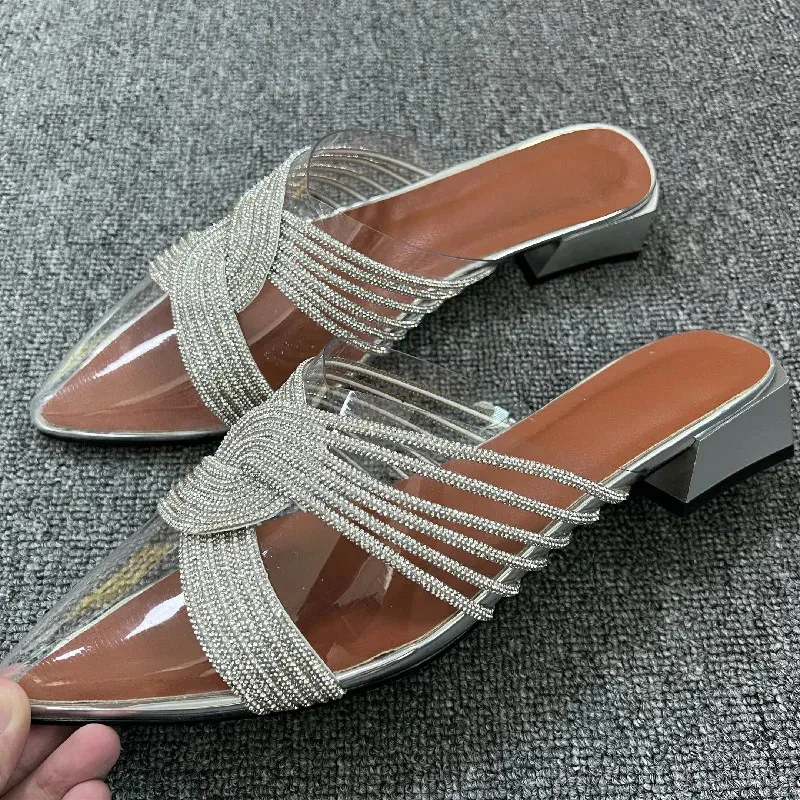 Slides Bling Summer Transparent Leisure Shoes Solid Heel Outside Sandals Pointed Toe Hollow Crystal Fashion Women Slippe c099