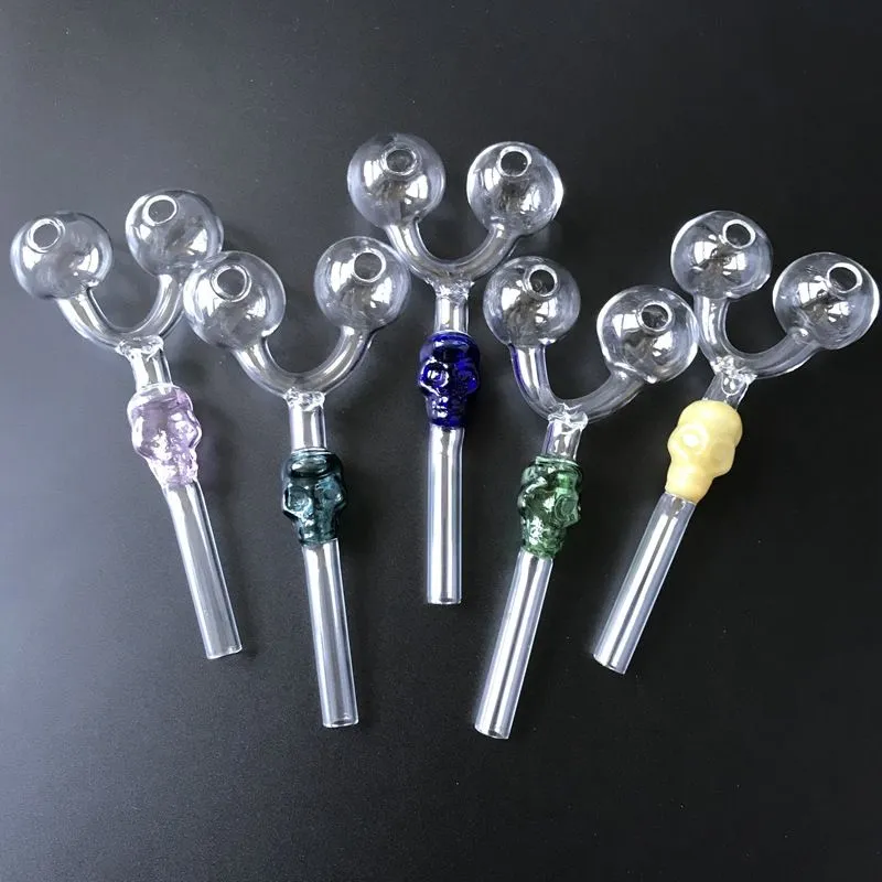 Double Skull Glass Pipes Two Head Glass Pyrex Oil Burner Pipes Colorful Smoking Tobacco Pipes SW29