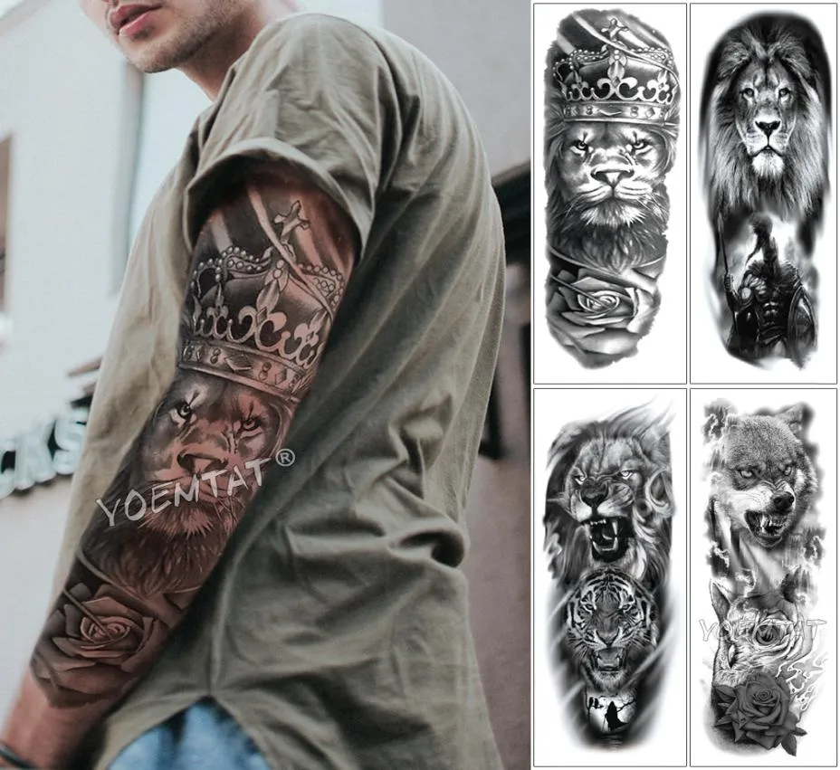 Grand bras manches tatouage Lion couronne roi Rose imperméable temporaire Tatoo autocollant loup sauvage tigre hommes crâne complet Totem Tatto SH190724972742