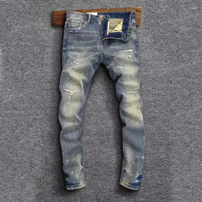 Jeans voor heren Mode streetwear heren retro gewassen blauw stretch slim fit gescheurd geschilderd designer hiphop denim broek hombre