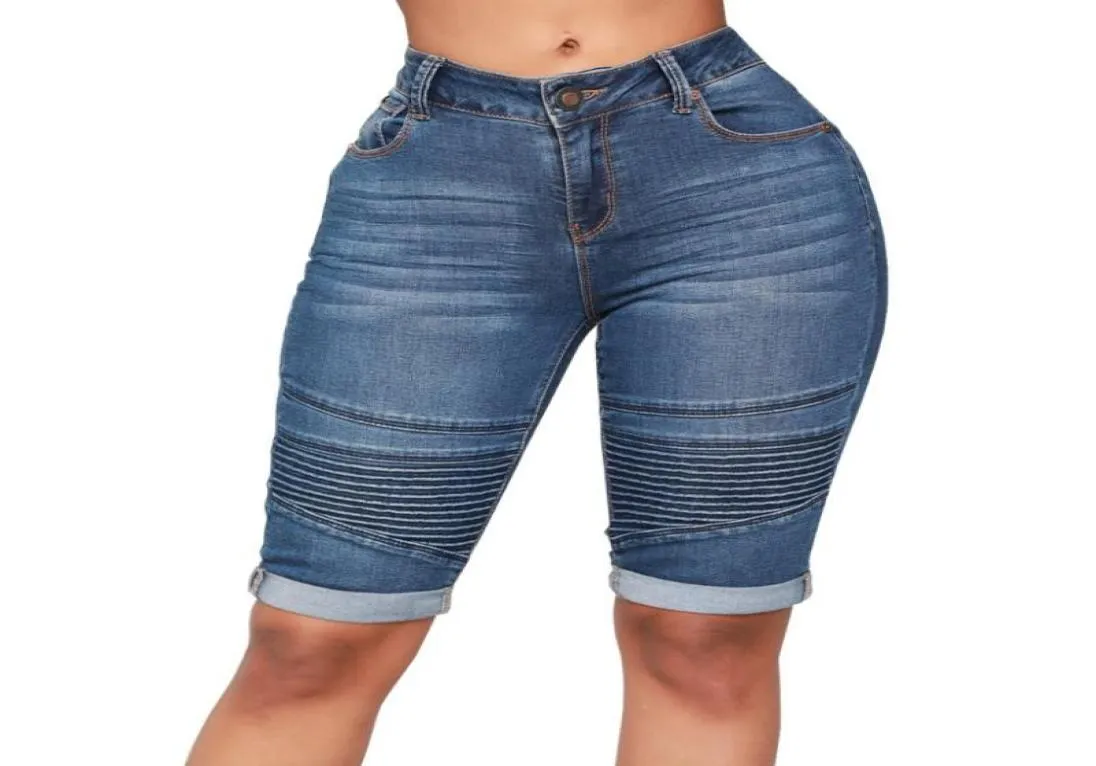 Calça jeans curta skinny feminina, cintura alta, elástica, verão, comprimento do joelho, curvilínea, stretch, calça curta 2649714