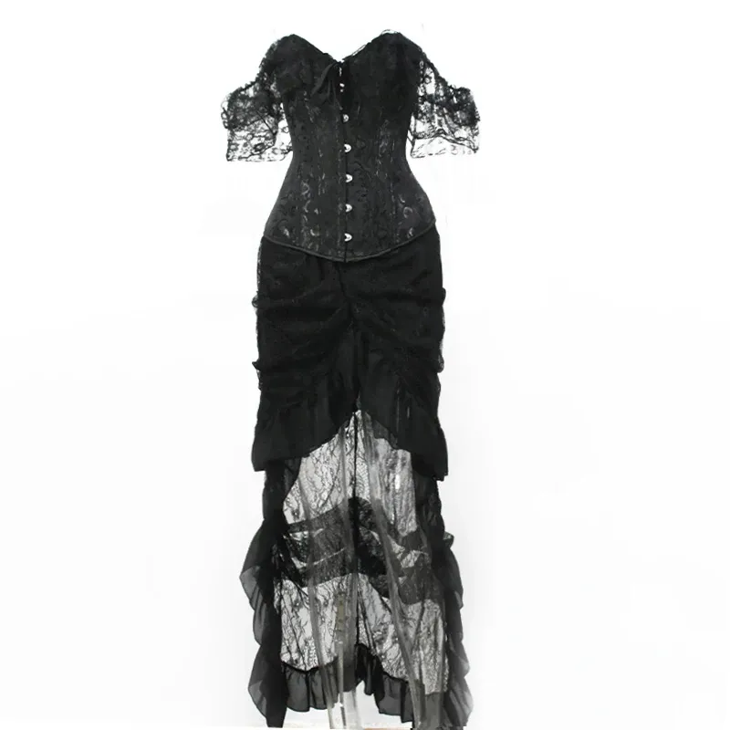 Vestidos gótico espartilho vestido superior saia conjunto festa de casamento sexy bustier mulheres steampunk roupas elástica saia de renda jacquard gorset preto