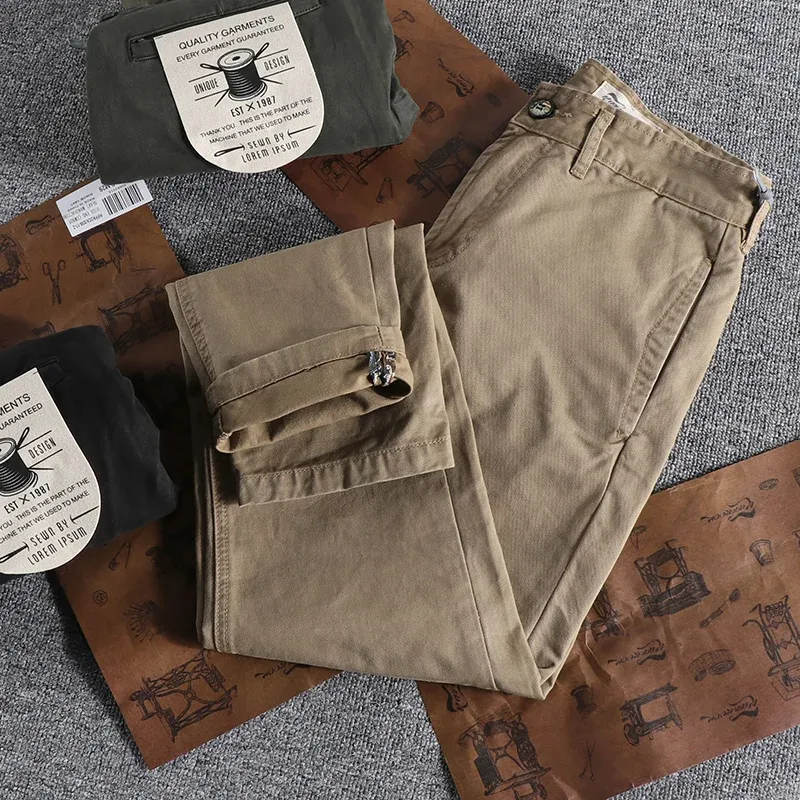 Byxor 3316# Spring och Autumn New American Retro Woven Twill Cargo Pants Men's Simple 100% Cotton Washed Old Slim Straight Byxor