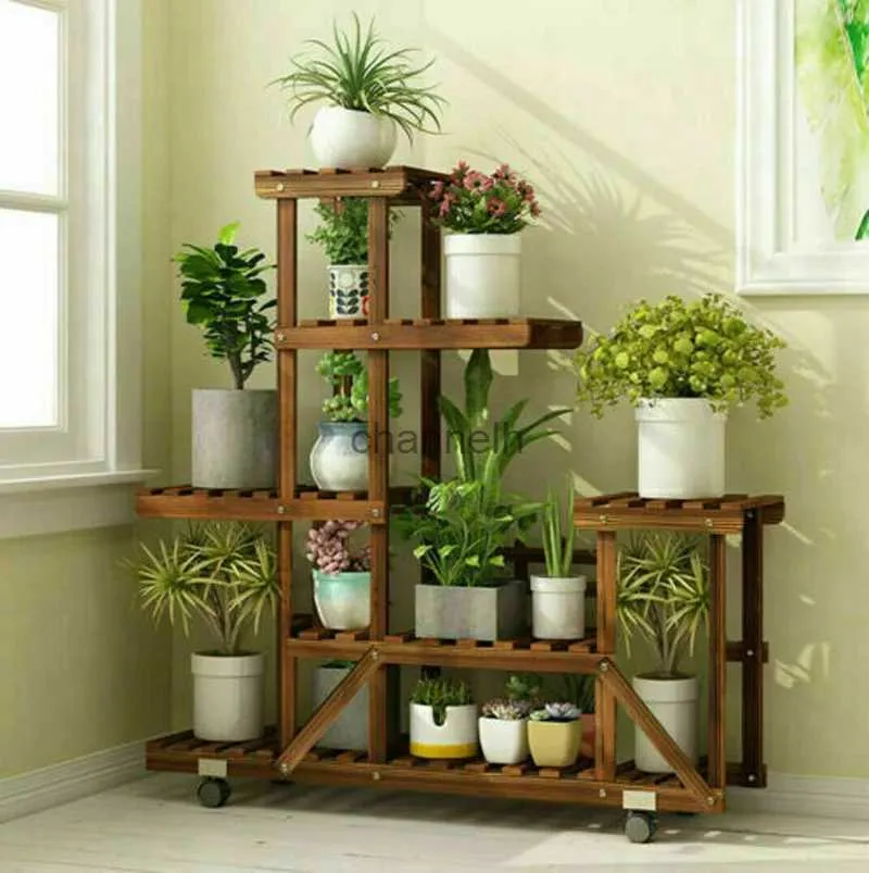 Autres bâtiments de jardin UNHO Support de plante en bois avec roues Multi-couche roulant plante fleur présentoir intérieur support de stockage mobile extérieur fo YQ240304