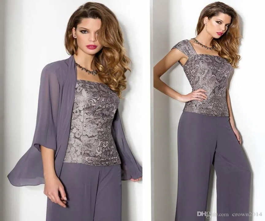 Sommer-Spitzen-Chiffon-Mutter der Braut-Hosenanzüge mit Langarm-Jacke, Spaghetti-Trägern, dreiteilige Hose, formeller Abend, G7665249