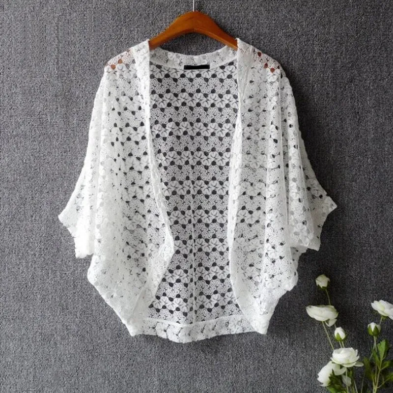 Cardigans Women Lace Shrug Cute Casual VNeck Batwing Sleeve Crocheted Hollow Out Lace Open Cardigan Solid Color Open Stitch Female Shrug