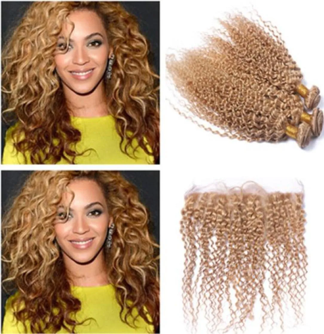 Indian Honey Blonde Ombre Human Hair Weaves With Ear to Ear Frontal Kinky Curly 27 Strawberry Blonde 3Bundles med 13x4 Full Lace1788396
