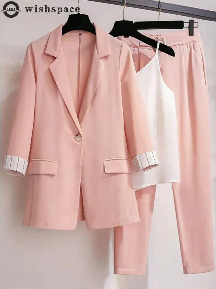 spring plus size Korean elegant womens suit female blazer leisure pants Tweed suit jacket three piece jacket pants set 240304