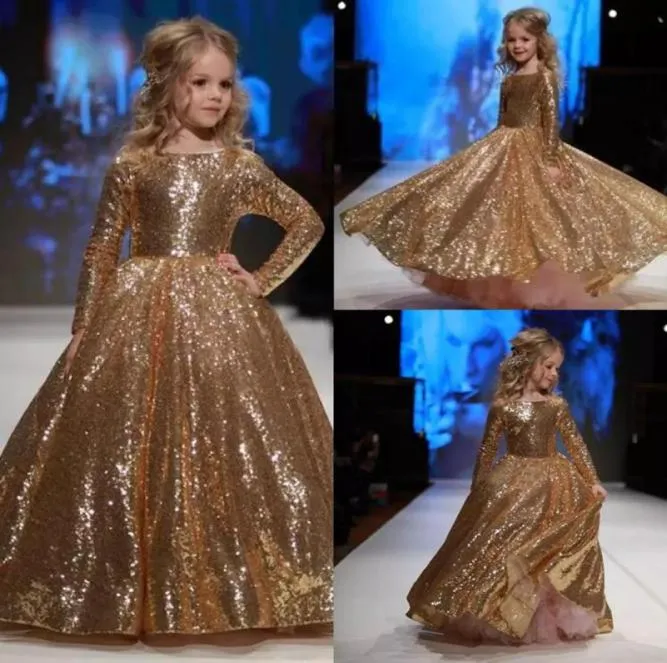 Sparkly 2019 Gold Sequined Ball Gown Flower Girl Dresses With Long Sleeve Kids Pageant Dresses For Wedding Birthday Party Christma8757053